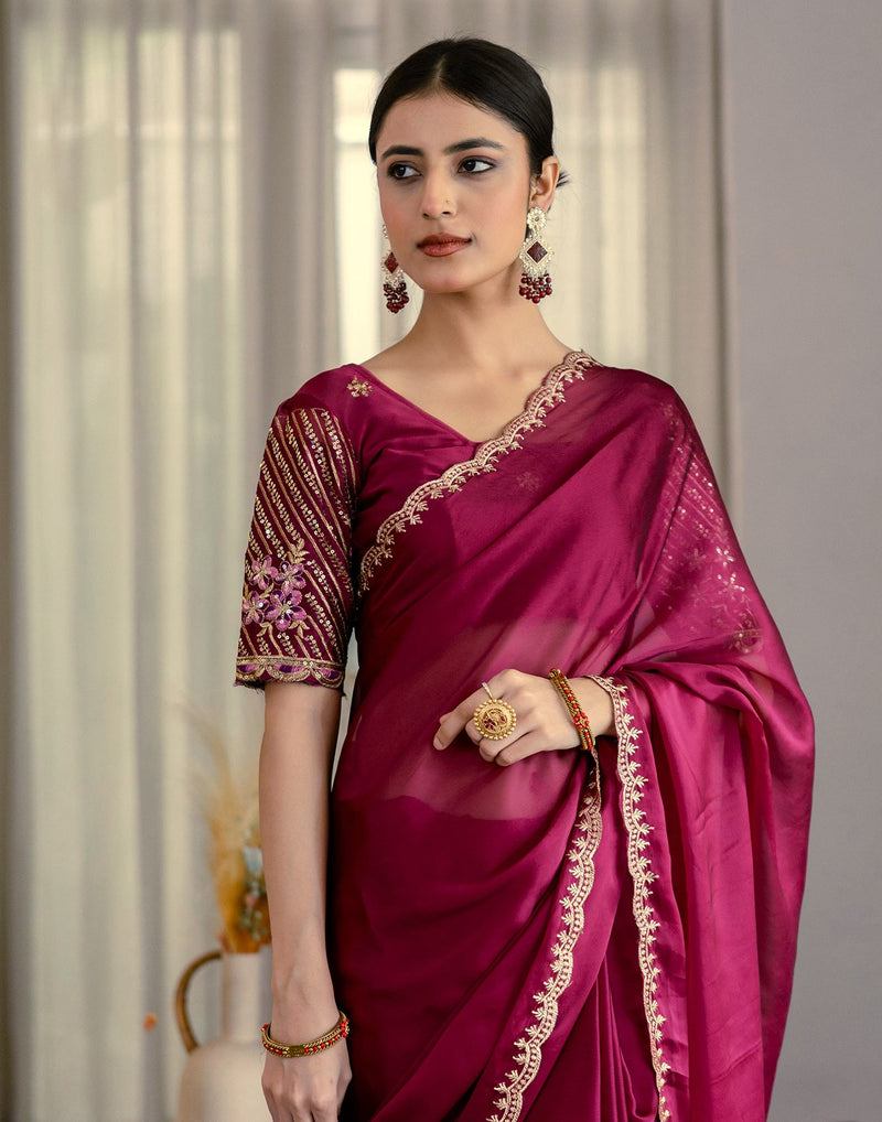 Wine Silk Embroidery Saree