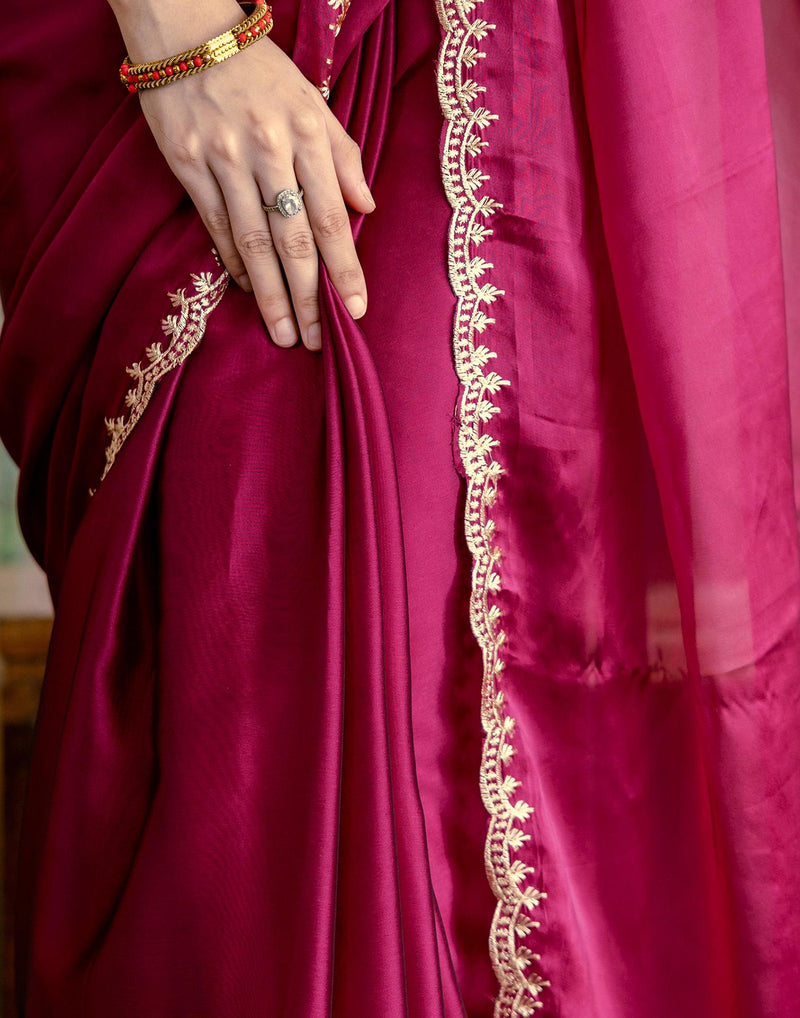 Wine Silk Embroidery Saree