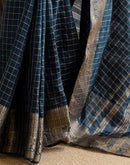 Cyan Blue Silk Woven Zari Stripe Saree