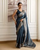 Cyan Blue Silk Woven Zari Stripe Saree
