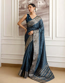 Cyan Blue Silk Woven Zari Stripe Saree
