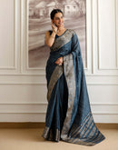 Cyan Blue Silk Woven Zari Stripe Saree