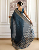 Cyan Blue Silk Woven Zari Stripe Saree