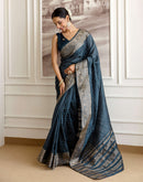 Cyan Blue Silk Woven Zari Stripe Saree