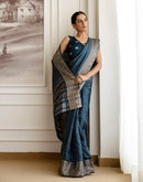 Cyan Blue Silk Woven Zari Stripe Saree