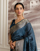 Cyan Blue Silk Woven Zari Stripe Saree