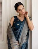 Cyan Blue Silk Woven Zari Stripe Saree