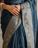 Cyan Blue Silk Woven Zari Stripe Saree