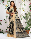 Black Cotton Floral Printed Saree