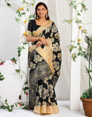 Black Cotton Floral Printed Saree