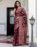 Wine Chanderi Woven Banarasi Saree