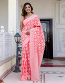 Coral Pink Cotton Woven Saree
