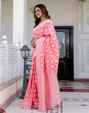 Coral Pink Cotton Woven Saree
