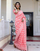 Coral Pink Cotton Woven Saree