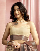 Brown Cotton Linen Printed Saree