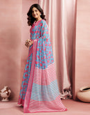 Turqoise Cotton Linen Printed Saree