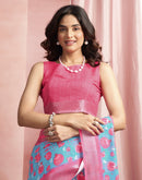 Turqoise Cotton Linen Printed Saree