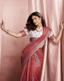 Red Cotton Linen Printed Saree