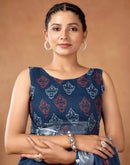 Navy Blue Cotton Linen Printed Saree