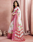 White Cotton Linen Floral Printed Saree