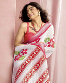 White Cotton Linen Floral Printed Saree