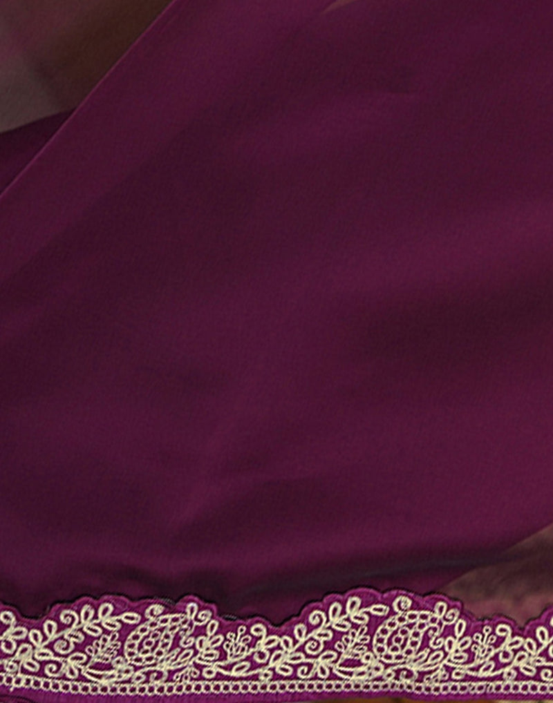 Wine Silk Embroidery Lace Saree