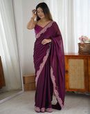 Wine Silk Embroidery Lace Saree