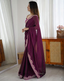 Wine Silk Embroidery Lace Saree