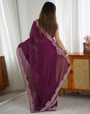 Wine Silk Embroidery Lace Saree