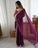 Wine Silk Embroidery Lace Saree
