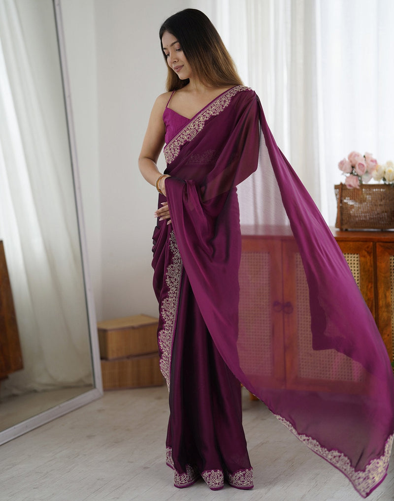 Wine Silk Embroidery Lace Saree