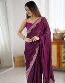 Wine Silk Embroidery Lace Saree