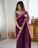 Wine Silk Embroidery Lace Saree