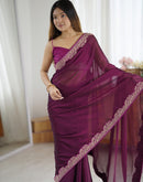 Wine Silk Embroidery Lace Saree