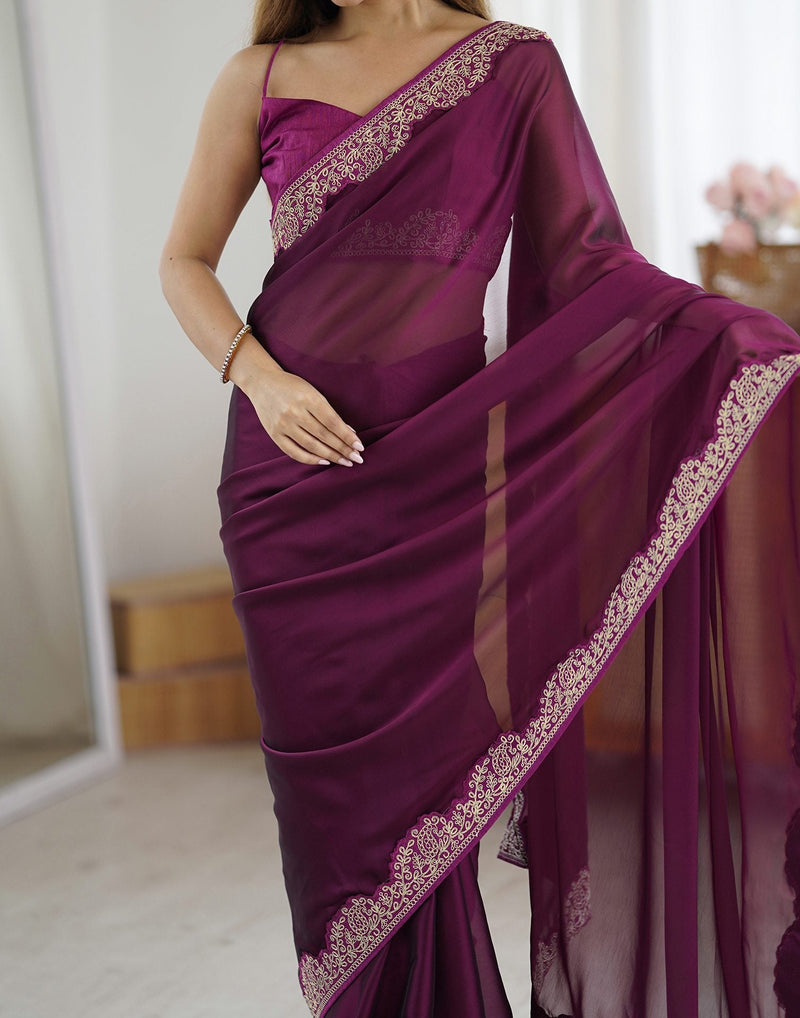 Wine Silk Embroidery Lace Saree