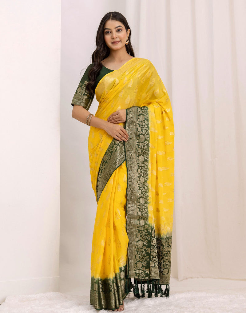 Yellow Chiffon Woven Saree