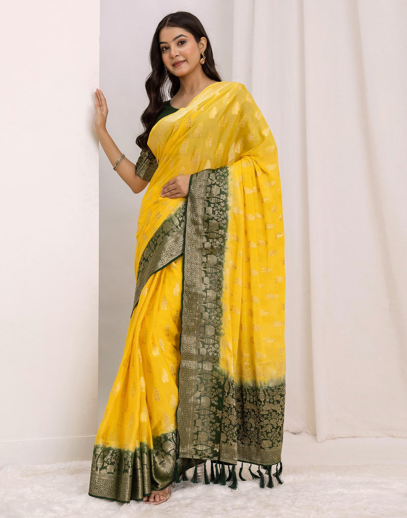 Yellow Chiffon Woven Saree
