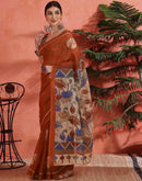 Orange Linen Printed Saree