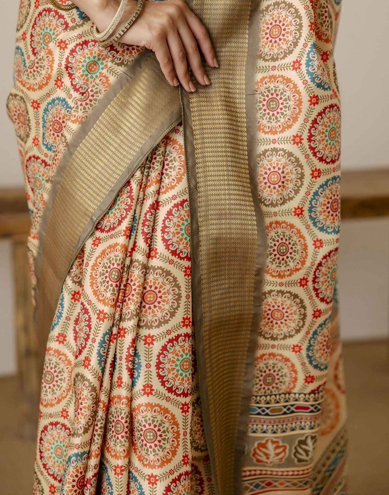 Beige Silk Printed Saree