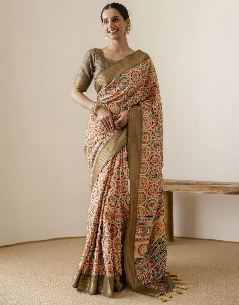 Beige Silk Printed Saree