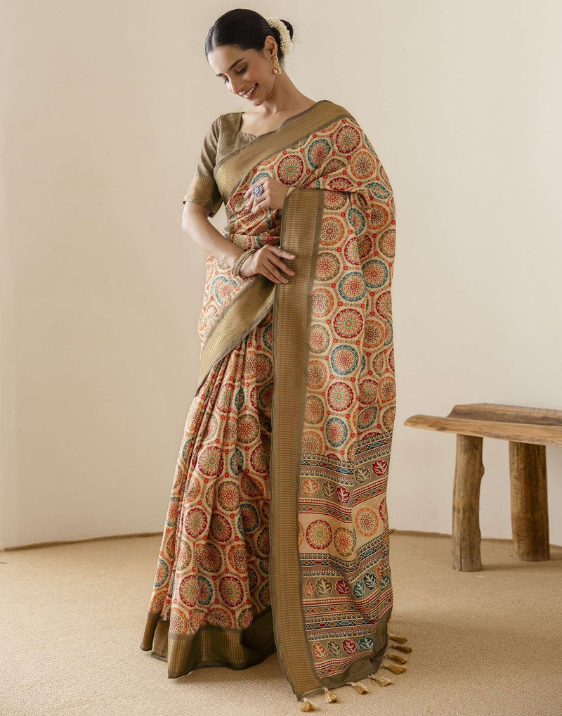 Beige Silk Printed Saree