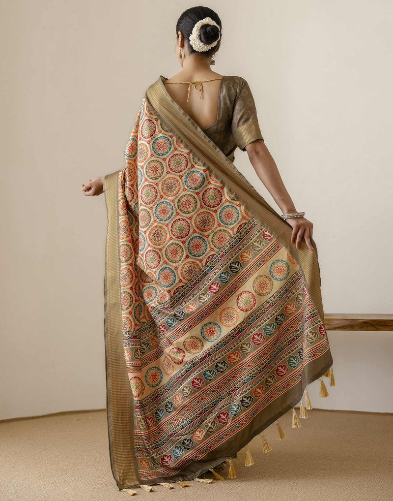 Beige Silk Printed Saree