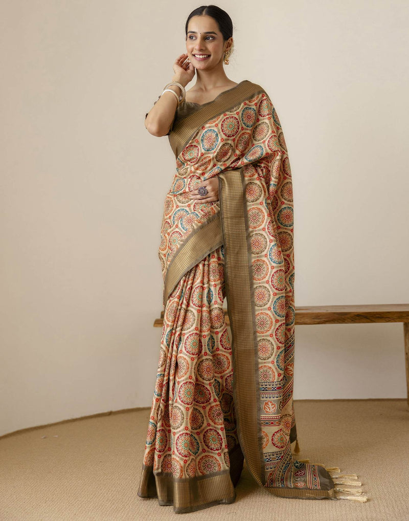 Beige Silk Printed Saree