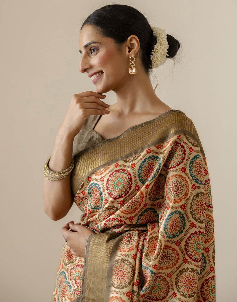Beige Silk Printed Saree