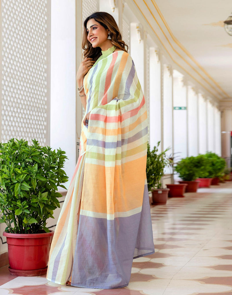 Beige Linen Printed Saree