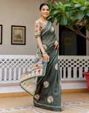 Dark Sage Green Linen Printed Saree