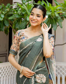 Dark Sage Green Linen Printed Saree
