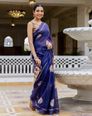 Navy Blue Linen Printed Saree