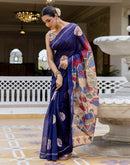 Navy Blue Linen Printed Saree
