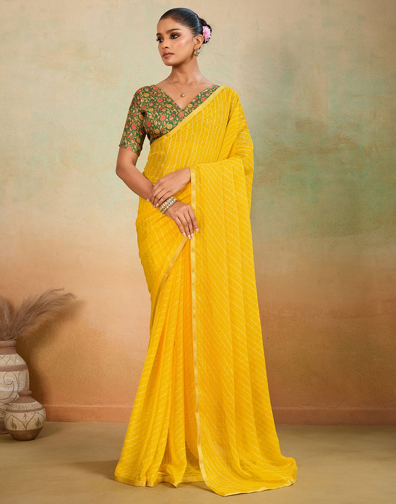 Yellow Chiffon Laheriya Saree